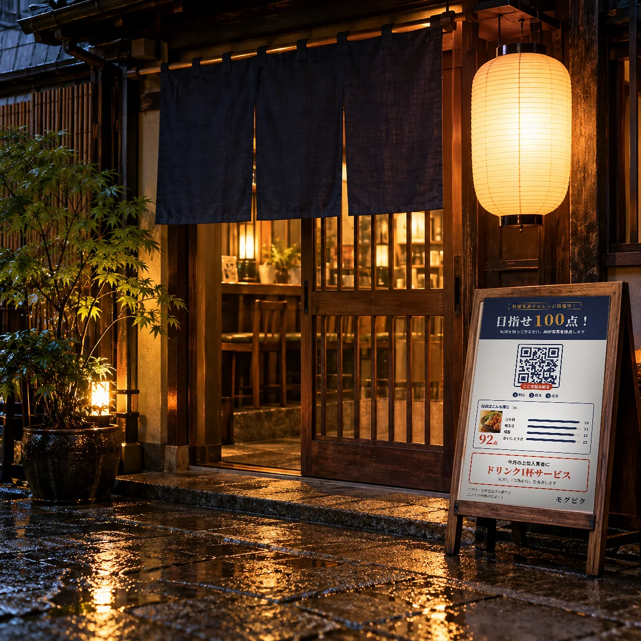 のれんの横に立てたQRのポスター