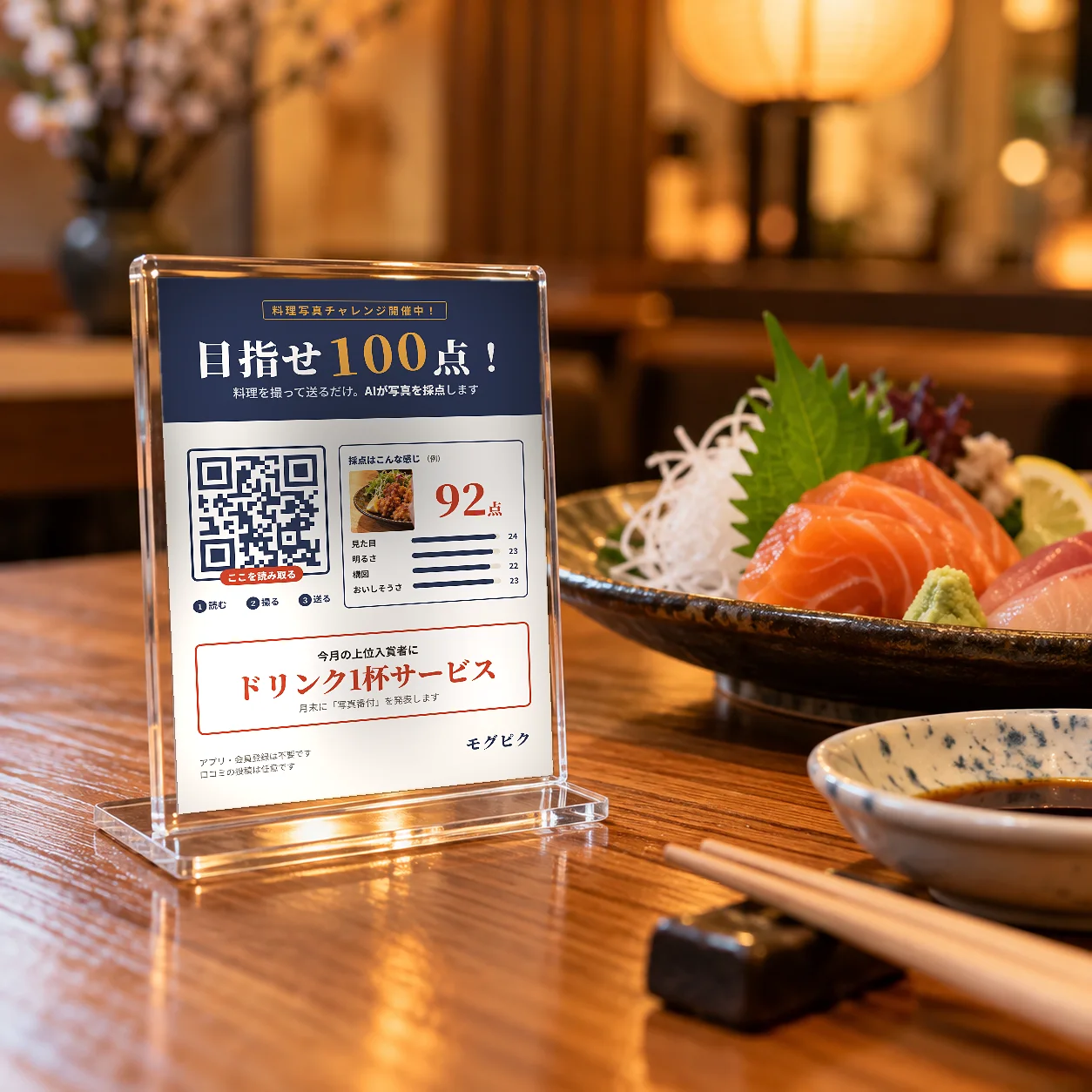 料理の横に置いたQRの卓上スタンド